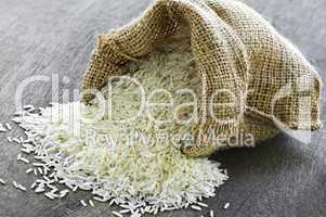 Long grain rice in burlap sack