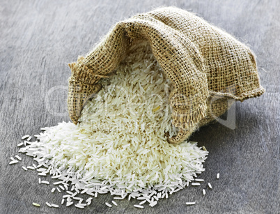 Long grain rice in burlap sack