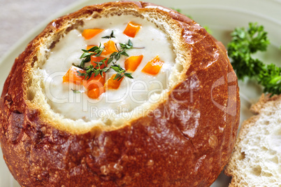 Soup in bread bowl