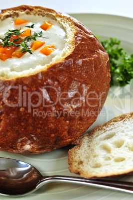 Soup in bread bowl