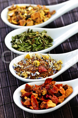 Assorted herbal wellness dry tea in spoons
