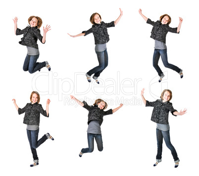 Teenage girl jumping on white background