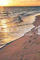 Footprints on sandy beach at sunrise