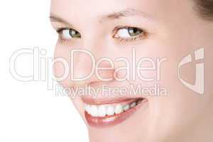 close-ups joyful face girl looks in staff and wide smile white teeth
