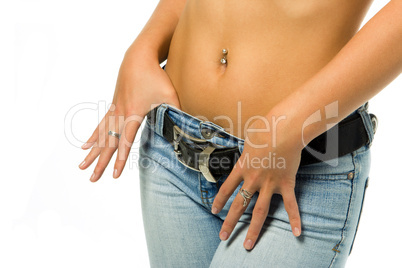 sexy  woman tan belly in jeans with belt
