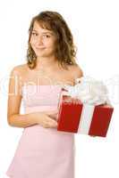 beauty  girl in pink dress with box gift