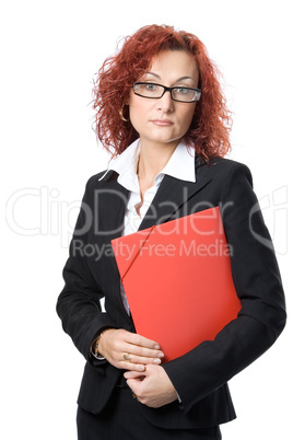 business woman in glasses with red folder