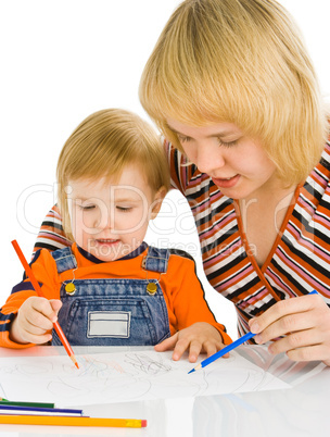 baby and mother draw color pencil
