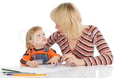 pretty baby and mother draw color penci