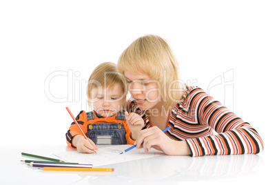pretty baby and mother draw color pencil