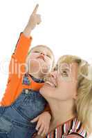 happy family mother and baby show finger up