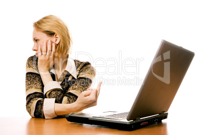 Business women sign finger to laptop