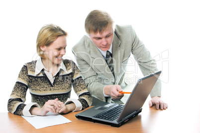 team businessman and woman work on laptop