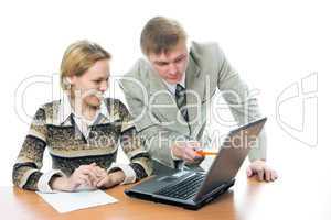 team businessman and woman work on laptop