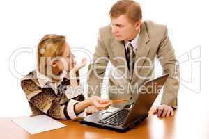 Business team man and woman and laptop