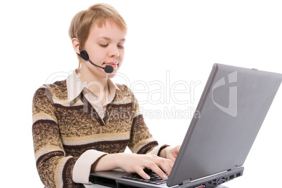 beautiful customer support girl with laptop in headphones