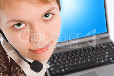 beautiful customer support girl with laptop in headphones