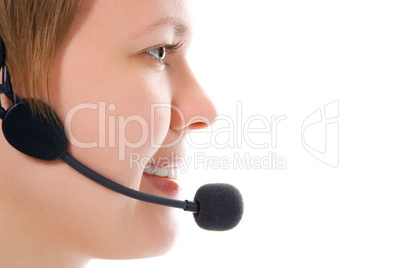beautiful customer support girl in headphones in half face on white background