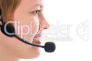 beautiful customer support girl in headphones in half face on white background