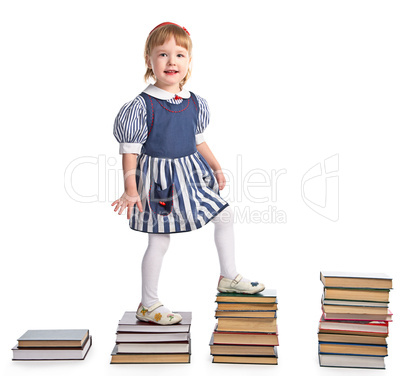 girl  walking from stairs of book piles