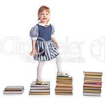 girl  walking from stairs of book piles