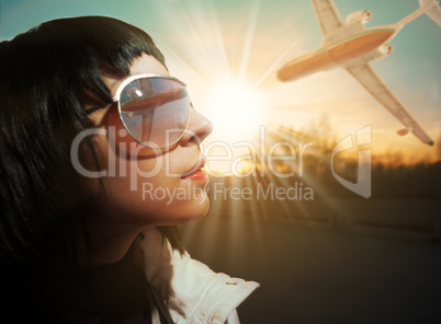 woman face sun and airplane