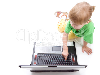 child with laptop push button