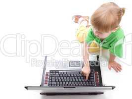 child with laptop push button
