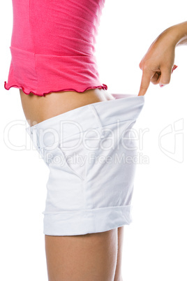 thin waist woman in big shorts