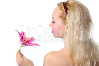 pretty blonde girl with pink lily