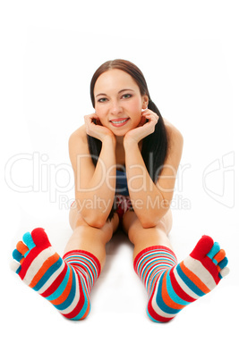 woman sit in strip sock
