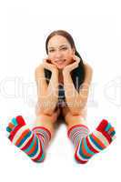 woman sit in strip sock