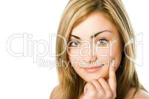 close-up spa girl portrait hold finger cheek