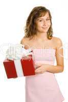 beauty  girl in pink dress with box gift