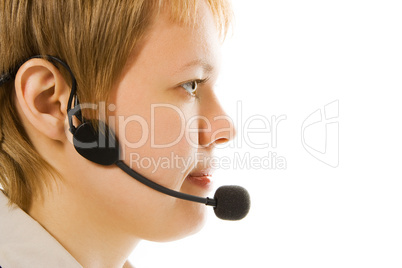 beautiful customer support girl in headphones in half face