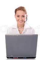 Young beautiful girl operator with laptop