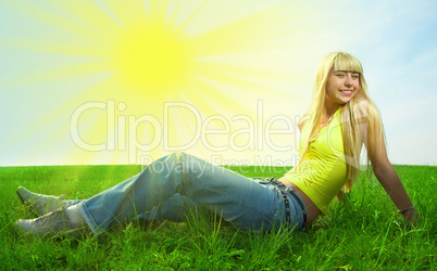 beauty young woman jump in field