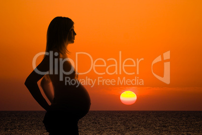 pregnant woman silhouette on sea sunset