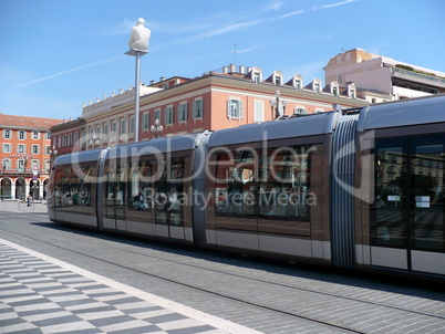 France. French Riviera. Nice. Up-to-date tram on Place Massena