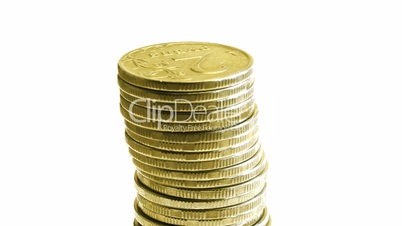 growing stack of coins isolated on white, then decrease