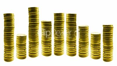 loopable growing and reducing stacks of coins in line isolated on white