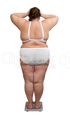 women with overweight from behind on scales