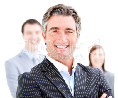 Confident businessman looking at the camera with his colleague