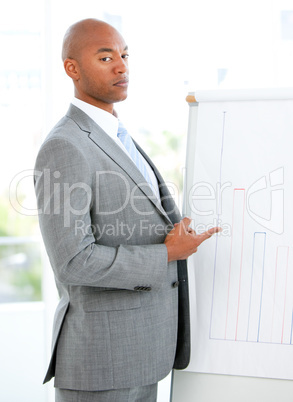 Portrait of a charismatic businessman pointing a white board