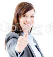 Nice businesswoman doing a thumb-up