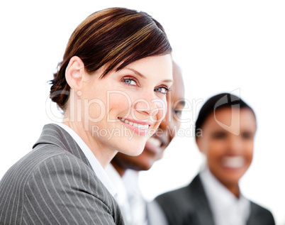 Portrait of smiling businesswoman listenning a presentation