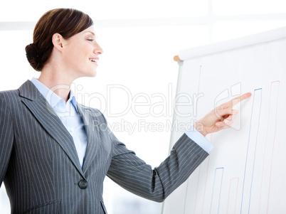 Portrait of a laughing businesswoman talking about a graph durin