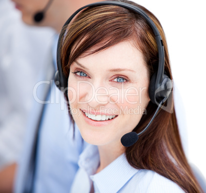 Portrait of caucasian businesswoman with headset on