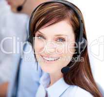 Portrait of caucasian businesswoman with headset on