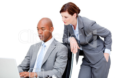 Business partners looking at the computer